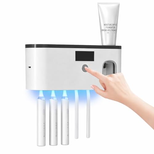 Image of BEBO Creations Rechargeable Toothbrush Holders for Bathroom Wall | 5+1 Slot Toothbrush Holder with UV Sterilizer and Toothpaste Dispenser | Bathroom Organizer | Tooth-Brush Cover Case