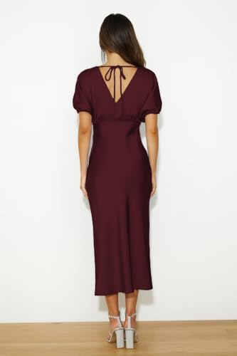 Image of Satin V Neck Puffy Sleeves Silk Midi Dresses Empire Waist Elegant Tie Back Formal Cocktail Dress for Women Wedding Guest Burgundy
