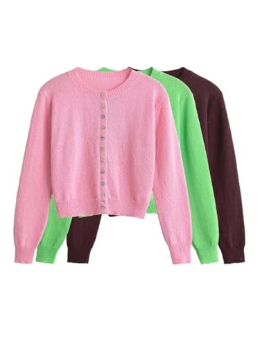 Women Crew Neck Thin Knitted Cardigan Vintage Single Breasted Slim Solid Sweater Coat2