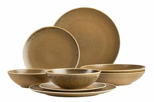 MÄSER 935273 Grumpy, Geschirrservice made in Portugal, hochwertiges 8-teiliges Kombi-Geschirr Set; Teller, Gourmetteller und Schüssel mit Reaktivglasur in edel schimmerndem Gold Braun, Porzellan