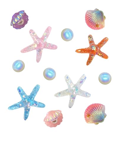 SAFITOYA Juego de dijes decorativos para zapatos, 12 piezas, conchas iridiscentes y perlas de estrella de mar, tema de playa, S, Plástico