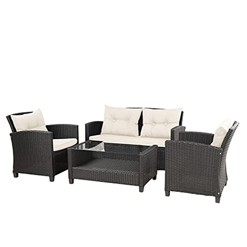 Moolo 4 Pieces Patio Furniture Rattan Patio Conversation Set For Patio Lawn Garden Outdoor Chair Sofa Cushions And Storage Glass Table Beige #TOP22