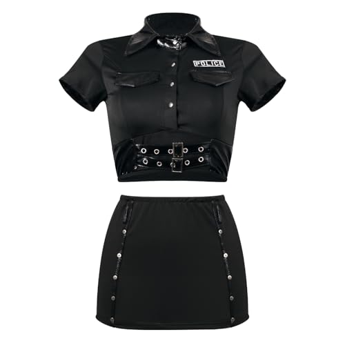 Damen Polizei Kostüm Sexy Kleid Polizistinnen Cosplay Outfit Cop Rollenspiel Uniform Button Down Crop Top und Netz Minirock Set PU Leder Gürtel Clubwear mit G-String für Mottoparty Karneval – Bild 2