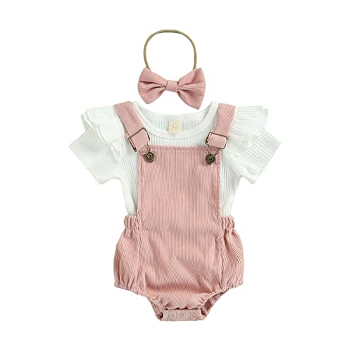 Image of Kupretty Newborn Infant Baby Girl Summer ​Clothes Ruffle Short Sleeve Ribbed T Shirt Top Corduroy Suspender Shorts Headband (Short Sleeve Pink, 6-12 Months)
