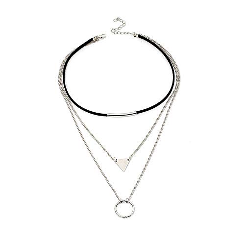 Jovono Multilayered Black Choker Necklaces Triangle Circle Pendant Necklace Chain Jewelry for Women and Girls (Silver)