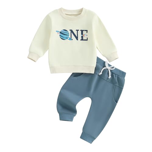 Lenjindjer Baby Boy First Trip Around the Sun Birthday Outfits Long Sleeve One Space Shirt Jogger Pants 1St Birthday Clothes (Blue, 12-18 Months)