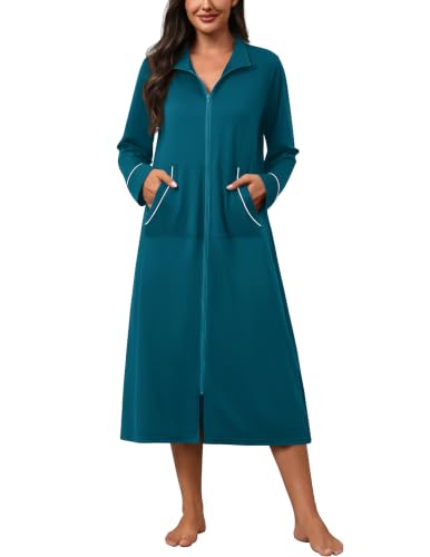 Image of Ekouaer Zipper Robes for Women Long Sleeve Lightweight House Coats with Pockets Zip Up Bathrobe Loungewear S-3XL