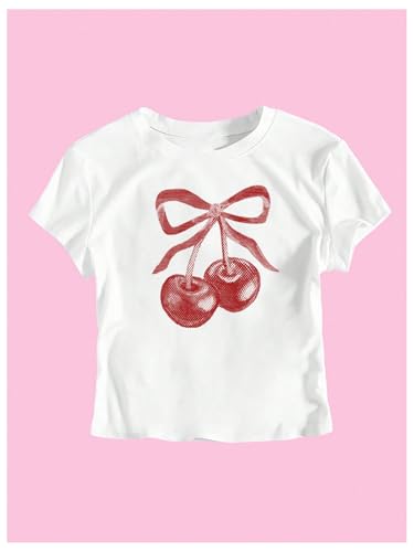 COZYEASE Girl's Graphic Cherry Print Tee Short Sleeve Crew Neck Y2k Crop T-Shirt3