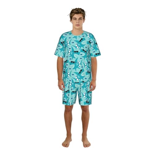 Pyjama homme 2 pièces motif requin, vêtement de nuit manches courtes et short léger