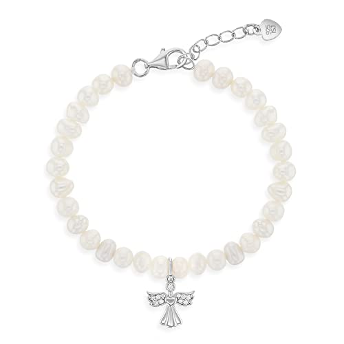 925 Sterling Silver Adjustable Cultured Pearl Guardian Angel Bracelet for Babies & Young Girls - Stunning White Pearl Bracelets for Girls - Beautiful Angel Charm Bracelet for your Little Girls