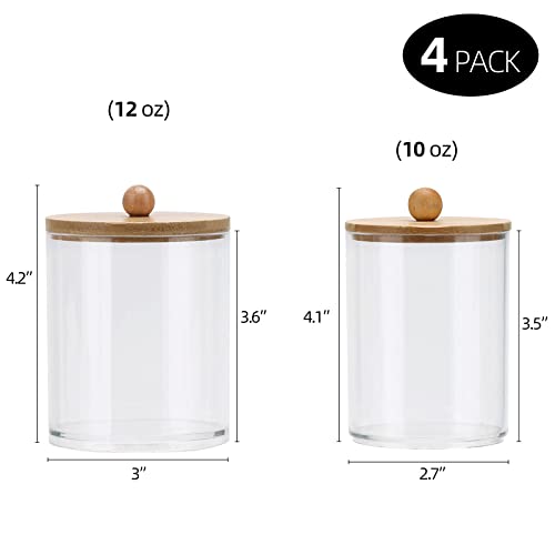 Image of Tbestmax 4 Pack Qtip Holder Dispenser Cotton Ball, Cotton Swab, Floss - 12oz, 10 oz Clear Plastic Apothecary Jars for Bathroom Organizer and Storage Containers (Bamboo Lids)