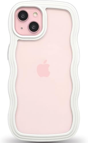 Image of GoldKart iPhone 15 Plus Case Wavy Edge Clear Back Design, Anti-Slip Grip Cute Wave Curly Frame Shape Shockproof Soft TPU & Hard PC Bumper Protective Phone Case Cover for Women Girls - White