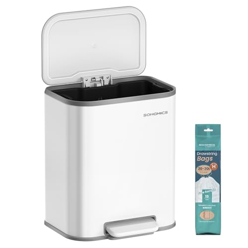SONGMICS Pattumiera da Cucina, Cestino a Pedale da 20L, Pattumiera in Acciaio, Coperchio a Chiusura Morbida, Rimane Aperto, Secchio Interno, Ampio Pedale Antiscivolo, Bianco Nuvola LTB542W02