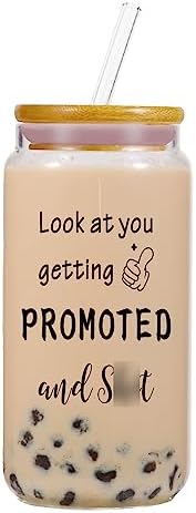 16 oz Coffee Cups – Promotion Gifts for Women, Men – Congratulations, New Job, Office, Congrats, Job Promotion Gifts – Iced Coffee Cups, Glass Cups with Lids and Straws, Unique Drinking Glasses