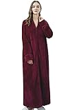 DUSISHIDAN Damen Fleece Bademantel Langarm Morgenmantel Winter Saunamantel mit Reissverschluss und Taschen,Burgund,XL