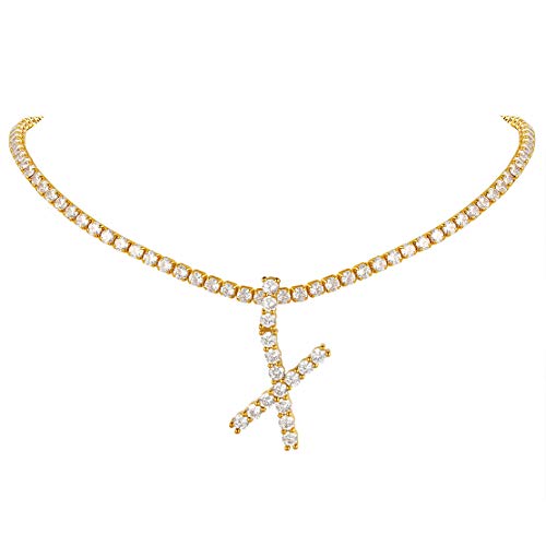 FindChic Bling Fully CZ Tennis Chain Initial Necklace for Women 16'' Butterfly Choker 18K Gold Plated Simulated Diamond Cubic Zirconia Letter Necklace