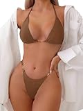 Women’s Triangle Bikini Set – Halter Two-Piece Swimwear with Padded Top & Low-Waist Bottoms – Thong-Adjustable Tie Swim Costume for Pool, Beach, Holiday,ann Summers (Brown, S)