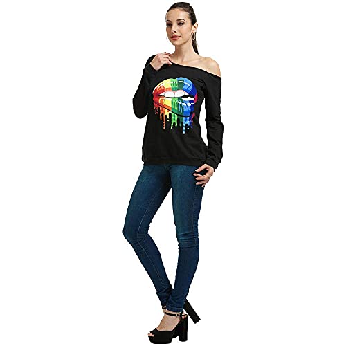 Image of MAGICMK Woman's Sweatershirt Lips Print Causal Blouse Off The Shoulder Long Sleeve Loose Slouchy Pullover Plus Size Tops