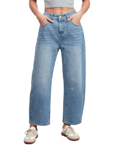 Women's Wide Leg Baggy Jeans Boyfriend Straight Leg Tapered Jeans Embroidered Heart Ankle Denim Pants