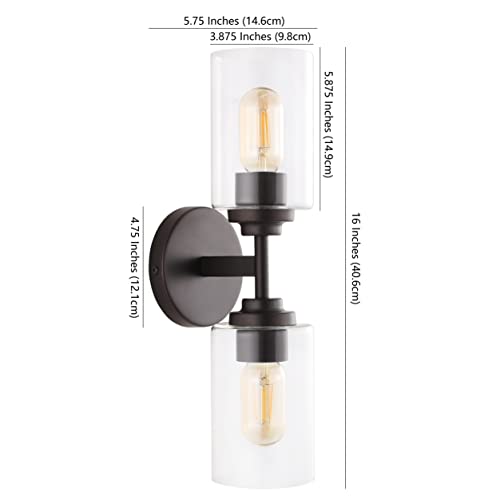 Image of JONATHAN Y 16 inch Oil Rubbed Bronze Farmhouse 2-Light Wall Sconce, Industrial Vanity Light for Bathroom Mirror, Entryway, Hallway, Clear Glass Cylinder Shades, LED Bulbs JYL9548A