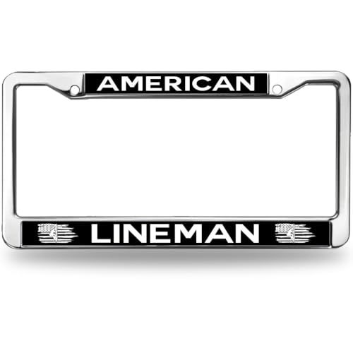 Image of American Lineman License Plate Frame, Stainless Steel Metal Auto Tag Cover | Show support for essential utility workers with this durable metal lineman license frame, weather-resistant to last.