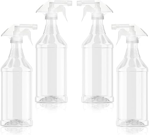 Plastic Spray Bottle (4 Pack, 32 Oz, All-Purpose) - Heavy Duty Leak-Proof Mist Water Bottle with Adjustable Nozzle and Measurement Markings for Cleaning, Gardening, and Pets
