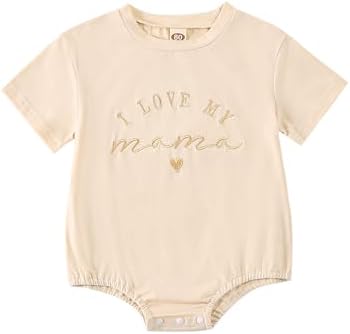 ttmmxamia I Love My Mama Embroidered Newborn Outfit Romper, Baby Short Clothes Boy Girl, Spring Summer Mama Gifts for Baby Boys/Girls Beige 3-6M