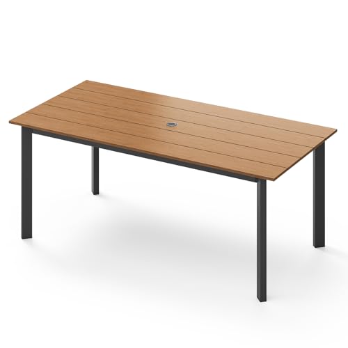 Image of 67 inch Rectangle HDPS Patio Dining Table, Aluminum Outdoor Patio Dining Table with Umbrella Hole, Weather-Resistant for Lawn, Garden, Yard, Poolside and Indoor Use (Gray & Teak)