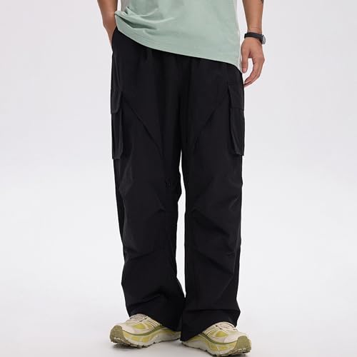 XYXIONGMAO Men's Black Streetwear Overalls Cargo Pants Loose Drawstring Elastic Waist Multi-Pocket Sweatpants for Men3