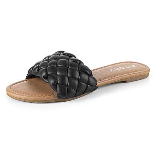 FITORY Womens Flat Sandals Fashion Round Open Toe Slip On Slides | Braided Strap Design, Summer Casual Comfortable Shoes, Cute & Dressy Style, Ideal for Beach, Pool and Wedding