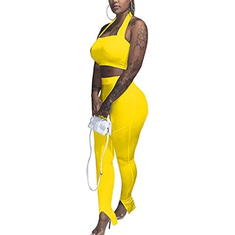 RAMOUG Women's Halter Tube Crop Top and Legging Set 2 Piece Sporty Outfits XL Yellow Cover