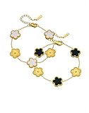 KONFEN 2 Piezas Pulsera Mujer Trébol de Cinco Hojas Set, Acero Inoxidable Chapado en 18K, Pulseras Ajustable Amuleto Suerte, Bracelet Joyería Diaria Elegante Joyas, Negro-Dorado Blanco-Dorado
