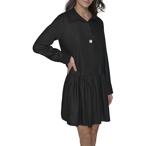 Image of Karl Lagerfeld Women's Gathered Flounce Linen Longer Sleeved Shirt Dress