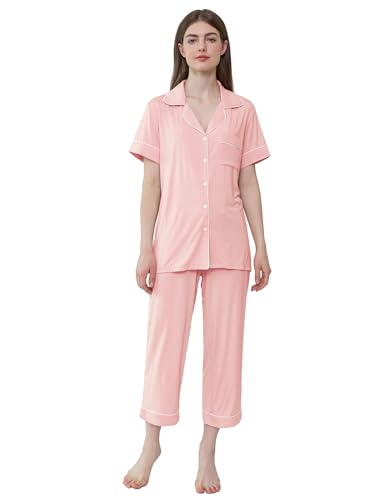 Image of Joyaria Bamboo Viscose Cooling Pajamas for Women Capri Button Front Pjs Set | Ideal for Night Sweats, Hot Sleeper Friendly, Breathable & Moisture Wicking, Short Sleeve Top