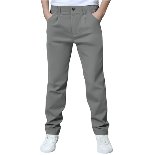 Boys School Uniform Pant Formal Flat Front Suit Trousers Fashion Straight Front Button Casual Dress Pants with Pockets Dark Gray