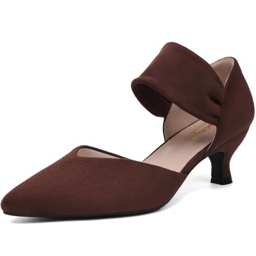RIBONGZ Brown Comfortable Kitten Heels Suede Prom Low Heels for Women Closed Pointed Toe Sexy Slip on Pumps Church Wedding Bridal Party Dressy Shoes 8