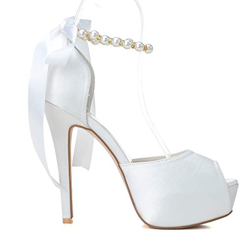 Women's Pearl White Wedding Shoes for Bride High Heels Platform Open Toe Bridal Satin Shoes Prom Party Dress Pumps Sandals3