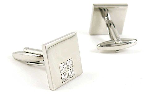 Par de Mancuernillas de Hombre Cuadradas Plata y Cristal Blanco miniatura 2