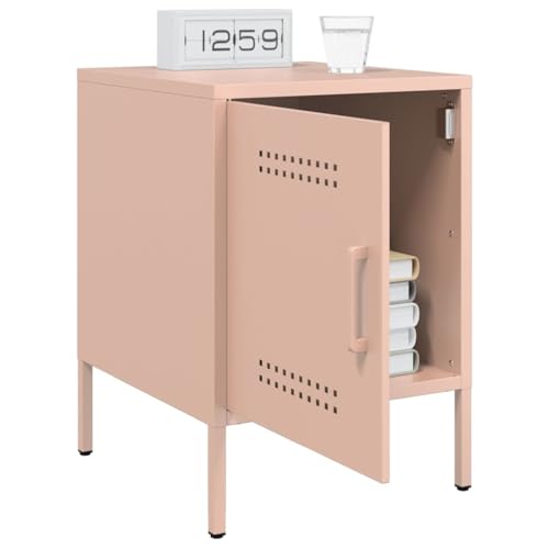 Table d'appoint en acier rose avec rangement et structure métallique robuste