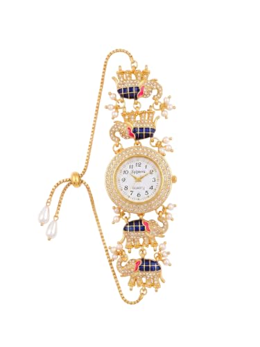 Image of Kashmiri Watch for Women | Gold Tone Round Dial | Crystal Studded Floral Design | Adjustable Chain Traditional Ethnic Jewellery Gift