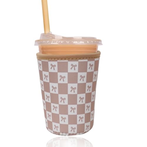 Image of Reusable Insulated Sleeve for Iced Coffee Cup, Coffee Neoprene Sleeve for Cold & Hot Drinks, Beverage Holder for Iced Coffee (Caramel Checkered Bows, Small: 16-18oz)