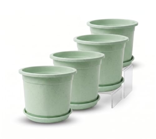 Image of 12 Inch Glossy Plastic Planter with Bottom Plate | Heavy Duty Flower Pot with Tray for Indoor Home Decor, Balcony, Living Room & Outdoor Garden (4 Pot, Mint Sparkle)