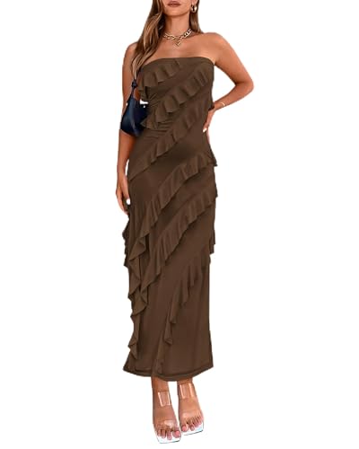 Image of BTFBM Women Summer Elegant Strapless Midi Ruched Bodycon Dress Solid Color Stretch Mesh Slim Party Cocktail Dresses
