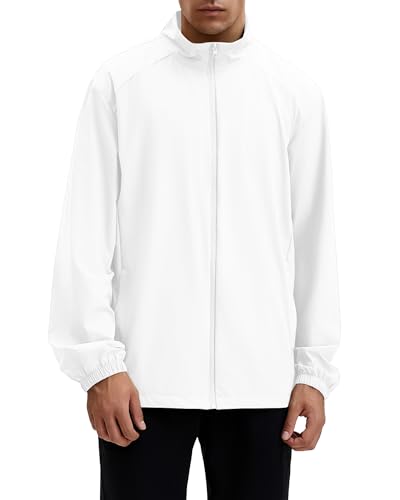 Locachy Men's UPF 50+ Sun Protection Lightweight Outdoor Full Zip Stand Collar Windproof Athletic Running Jackets White M