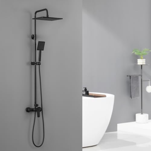 Auralum Duscharmatur Komplettset, Duscharmatur Duschsystem Schwarz, duschset Regendusche Schwarz mit Regendusche Duschkopf und Handbrause, Dusche Komplett für Badzimmer Höhenverstellbar 82-119cm
