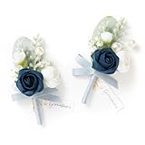 Ling’s moment Boutonniere für Männer, 2 Stück Bräutigam Trauzeugen Gast-Boutonniere, künstliche Blumen für Hochzeit/Abschlussball/Heimkehr usw. Marineblaue weiße Ranunkeln