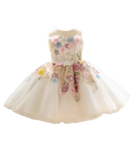Charming Toddler Flower Girl Dress Floral Embroidered Tulle Bow for Kids Wedding 1st Birthday Party Short Ball Gown