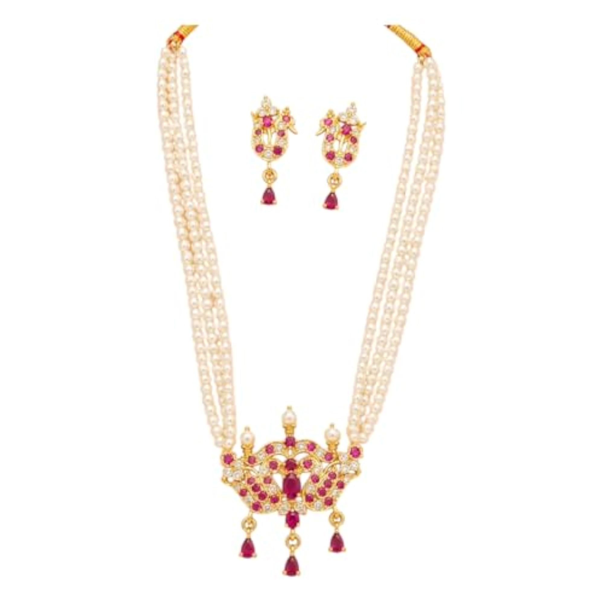 Maharashtrian Tanmani Necklace Set with Red & White Diamonds