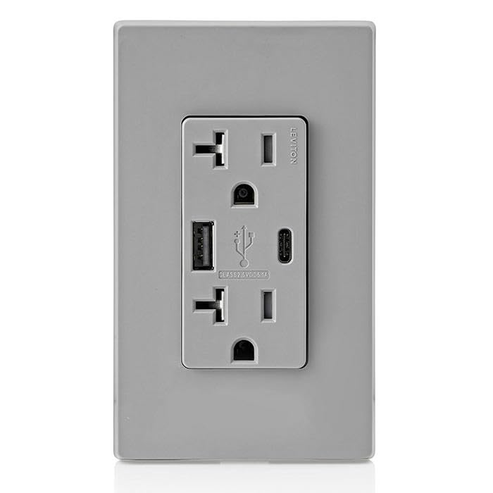 Image of Leviton Type A & Type-C USB In-Wall Charger with 20A Tamper-Resistant Outlet, USB Charger for Smartphones and Tablets. Not for Laptops, T5833-GY, Gray
