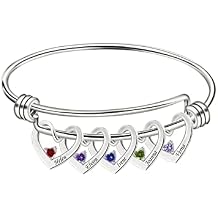 Personalized Mothers Bracelet with 1-5 Simulated Birthstones Custom Birthstone Bangle Bracelet for Mom Engraved Name Heart Charms Bracelet Jewelry Gift for Mothers Day